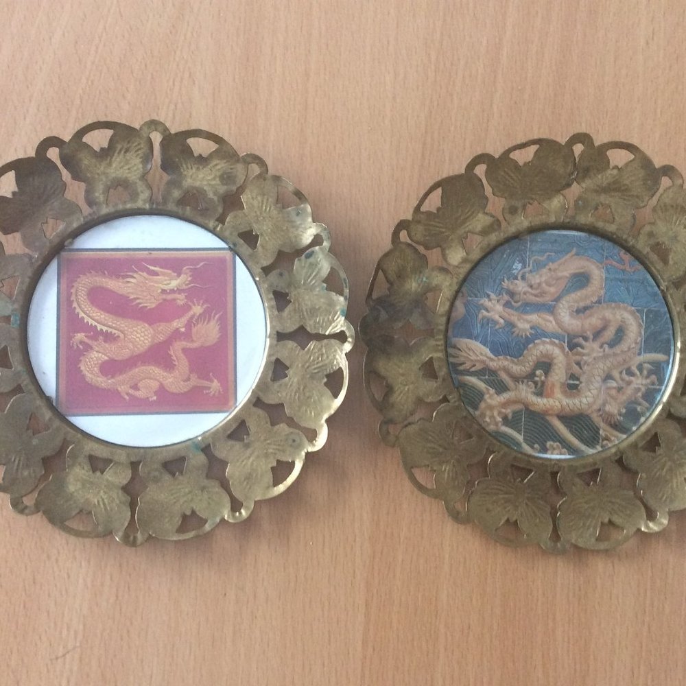 Two vintage brass England butterfly frames with vintage Chinese dragon prints